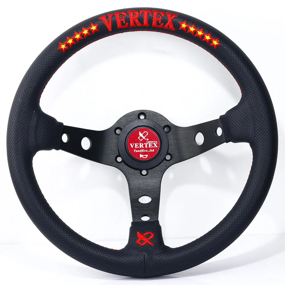 Black alloy racing steering wheel with deep concave rim and star embroidery pattern.