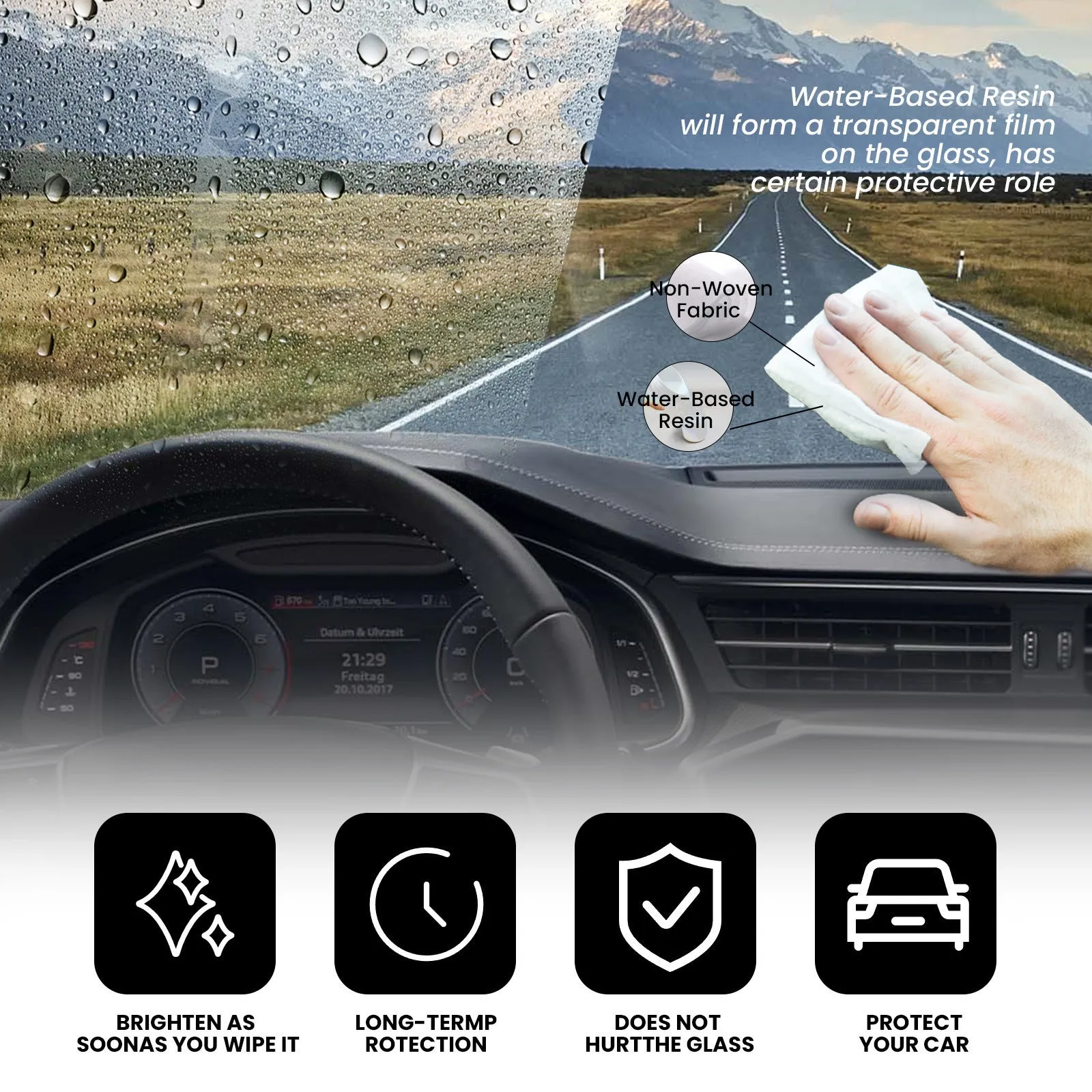 Pack of 40 car anti-fog rainproof wipes showing dimensions.