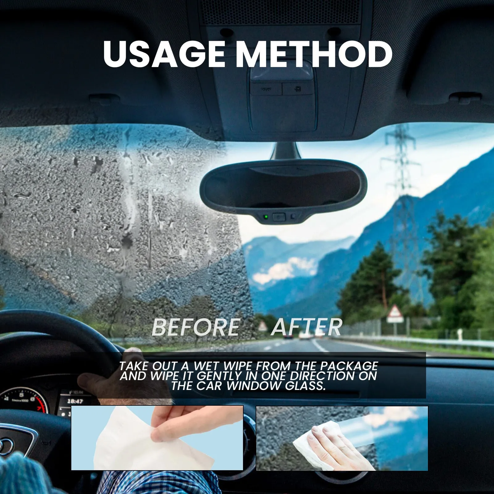 Pack of 40 car anti-fog rainproof wipes showing dimensions.