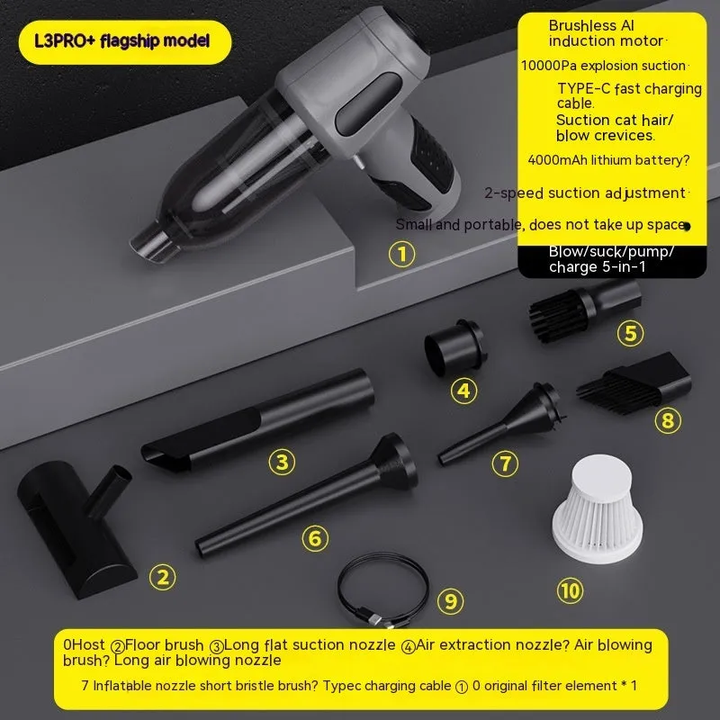 Car wireless handheld vacuum cleaner with 6KPa suction, 4000mAh rechargeable battery, Type-C port, and accessories on a black background