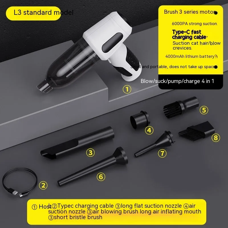 Car wireless handheld vacuum cleaner with 6KPa suction, 4000mAh rechargeable battery, Type-C port, and accessories on a black background