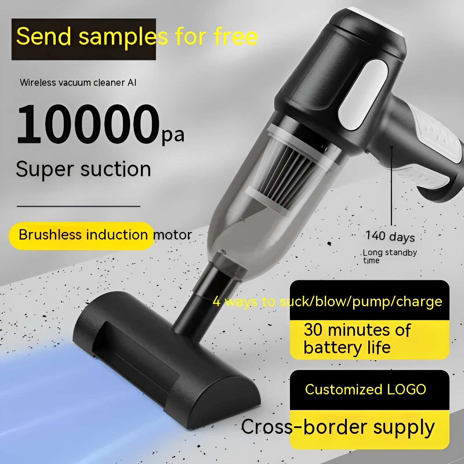 Car wireless handheld vacuum cleaner with 6KPa suction, 4000mAh rechargeable battery, Type-C port, and accessories on a black background
