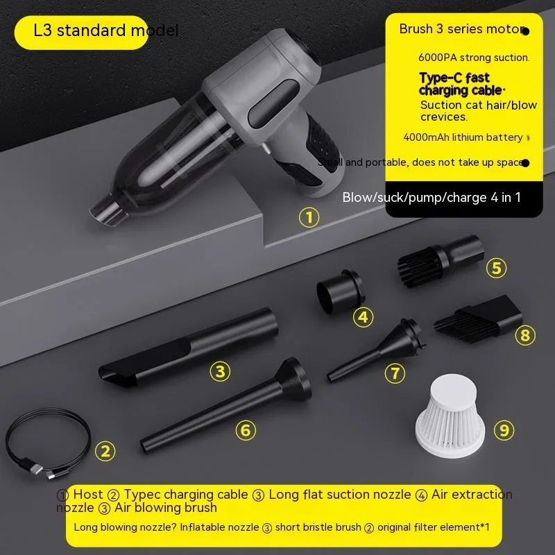 Car wireless handheld vacuum cleaner with 6KPa suction, 4000mAh rechargeable battery, Type-C port, and accessories on a black background