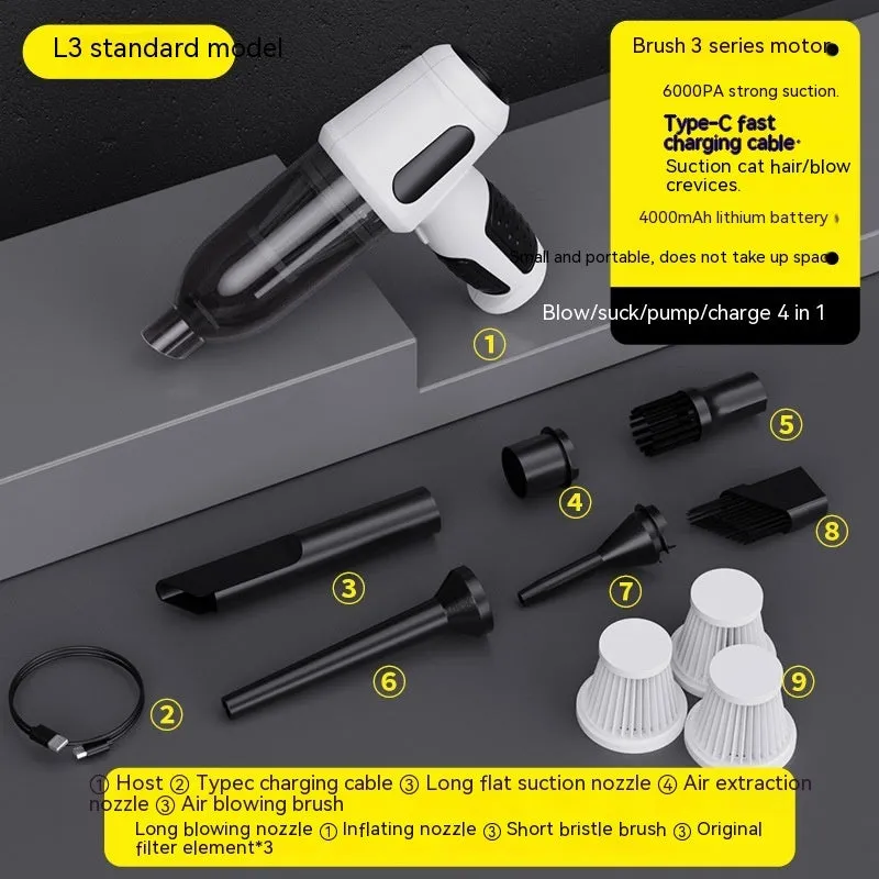 Car wireless handheld vacuum cleaner with 6KPa suction, 4000mAh rechargeable battery, Type-C port, and accessories on a black background
