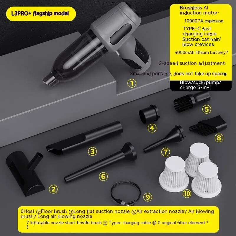 Car wireless handheld vacuum cleaner with 6KPa suction, 4000mAh rechargeable battery, Type-C port, and accessories on a black background
