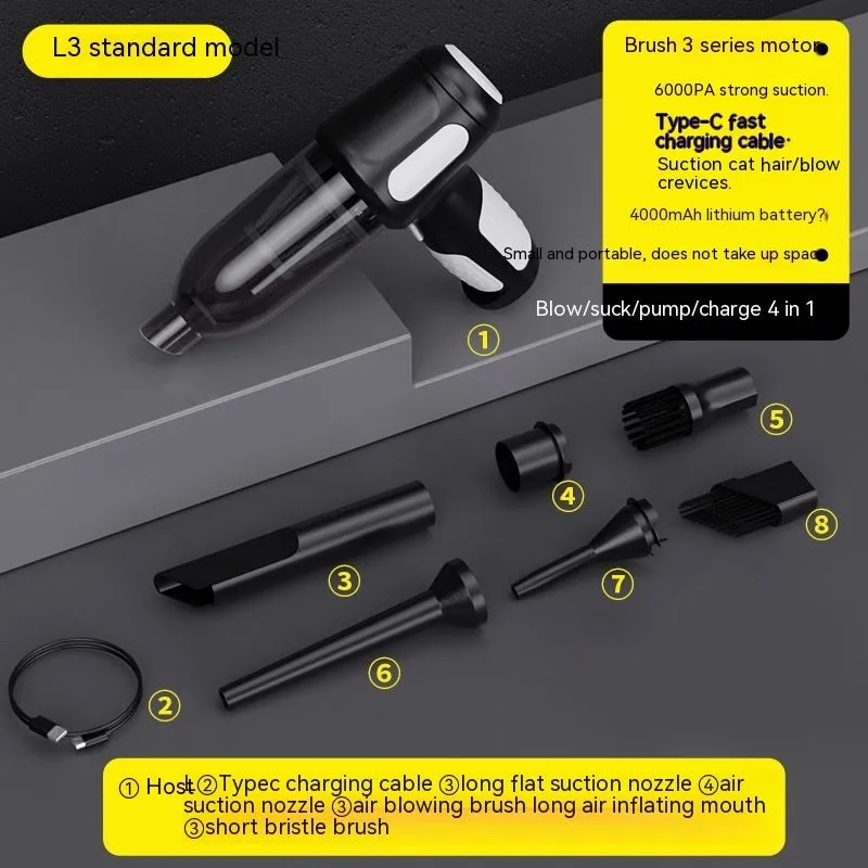 Car wireless handheld vacuum cleaner with 6KPa suction, 4000mAh rechargeable battery, Type-C port, and accessories on a black background