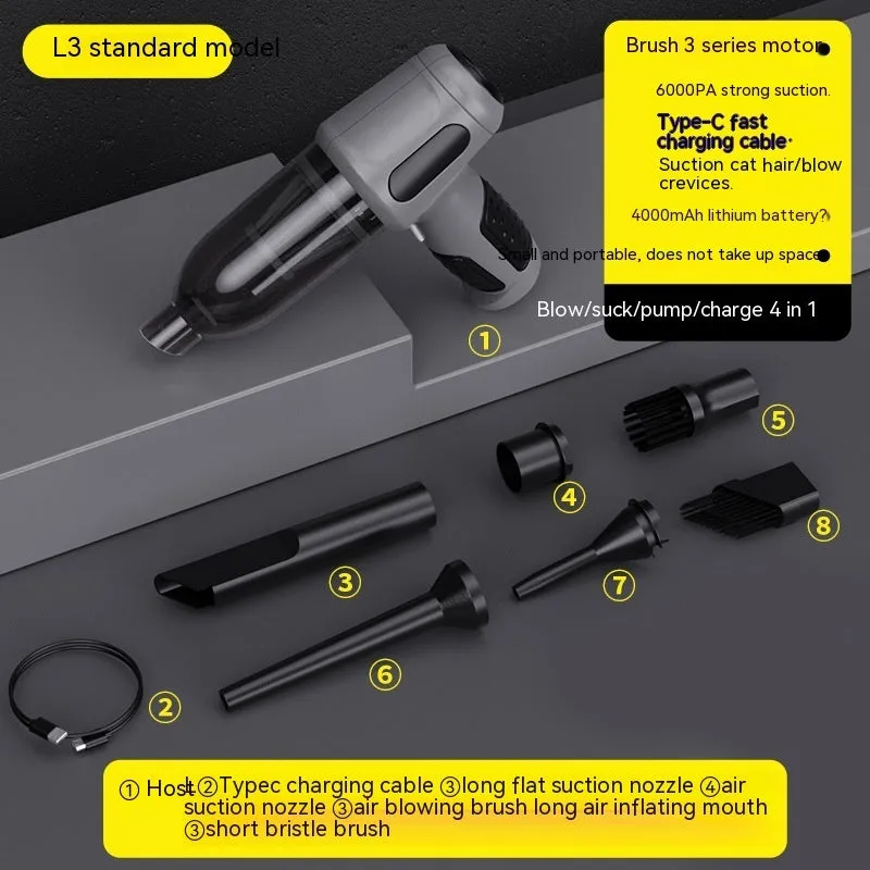 Car wireless handheld vacuum cleaner with 6KPa suction, 4000mAh rechargeable battery, Type-C port, and accessories on a black background