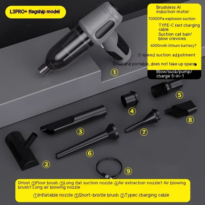 Car wireless handheld vacuum cleaner with 6KPa suction, 4000mAh rechargeable battery, Type-C port, and accessories on a black background