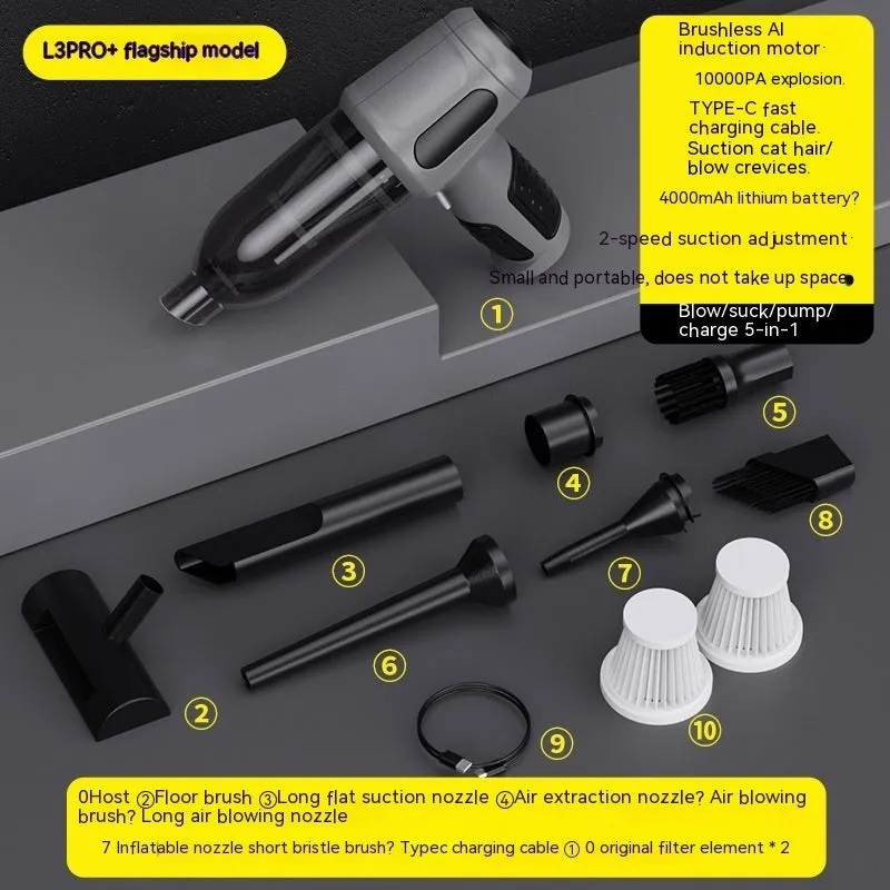 Car wireless handheld vacuum cleaner with 6KPa suction, 4000mAh rechargeable battery, Type-C port, and accessories on a black background