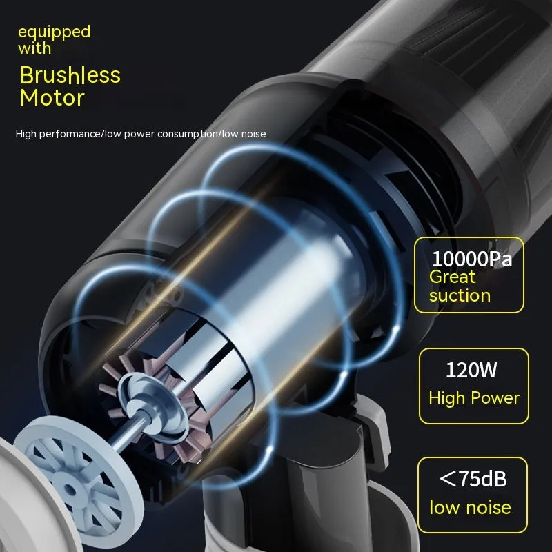 Car wireless handheld vacuum cleaner with 6KPa suction, 4000mAh rechargeable battery, Type-C port, and accessories on a black background