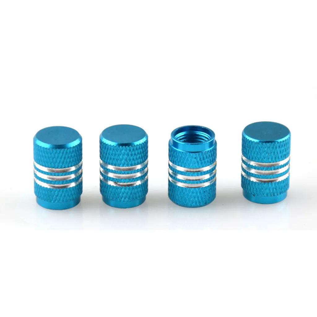 Set of aluminium alloy car tyre valve caps in multiple colours including red, blue, silver, and black.
