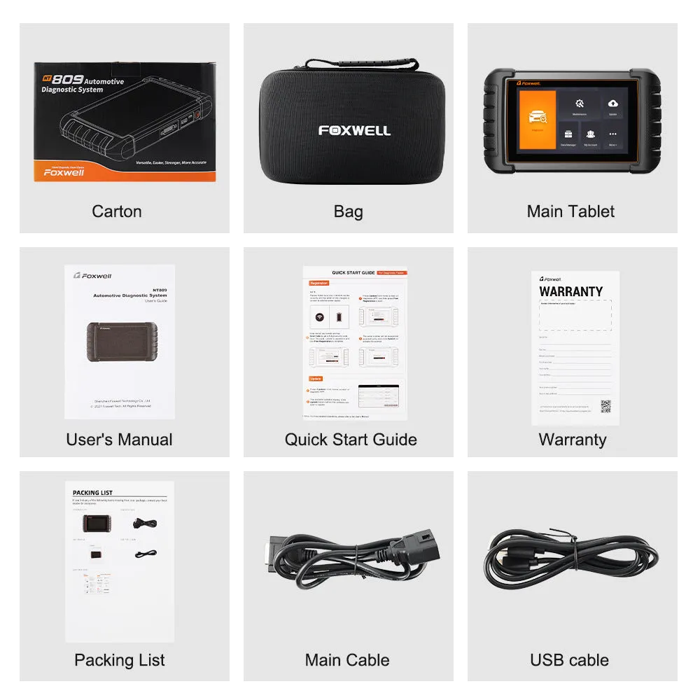 NT809 automotive diagnostic scanner main unit with OBDII adapter and accessories
