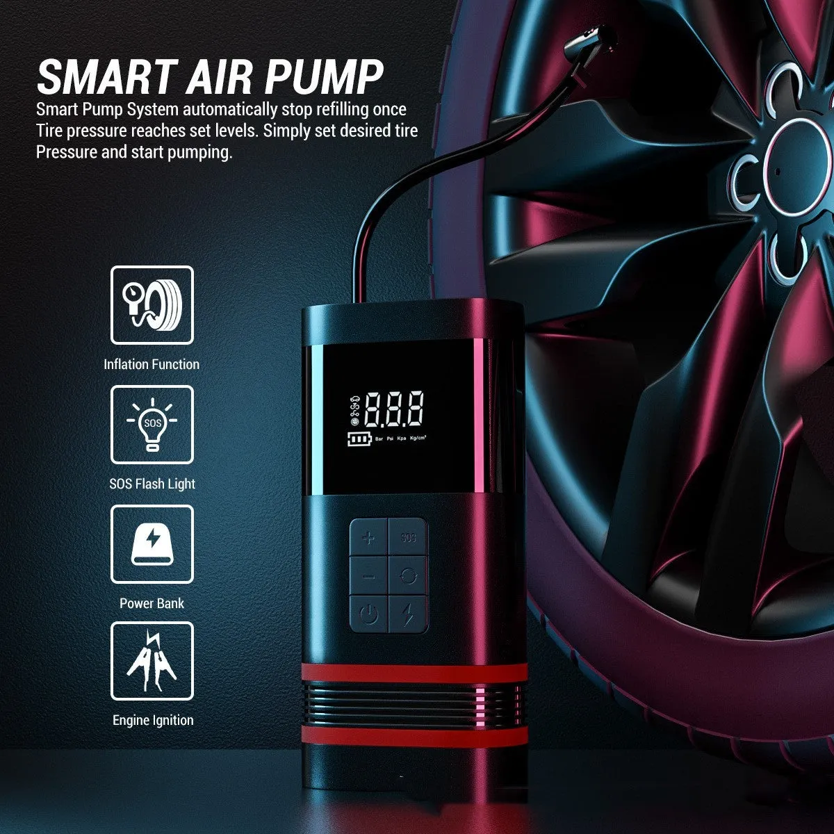 Black wireless car jump starter power bank with 100W output measuring 19.5cm long