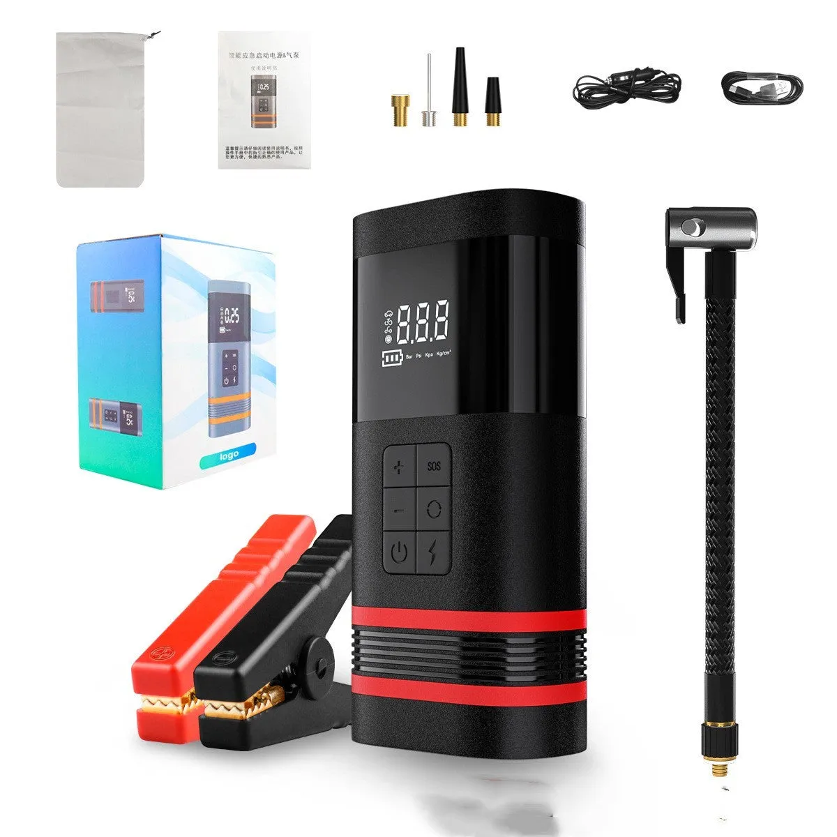 Black wireless car jump starter power bank with 100W output measuring 19.5cm long