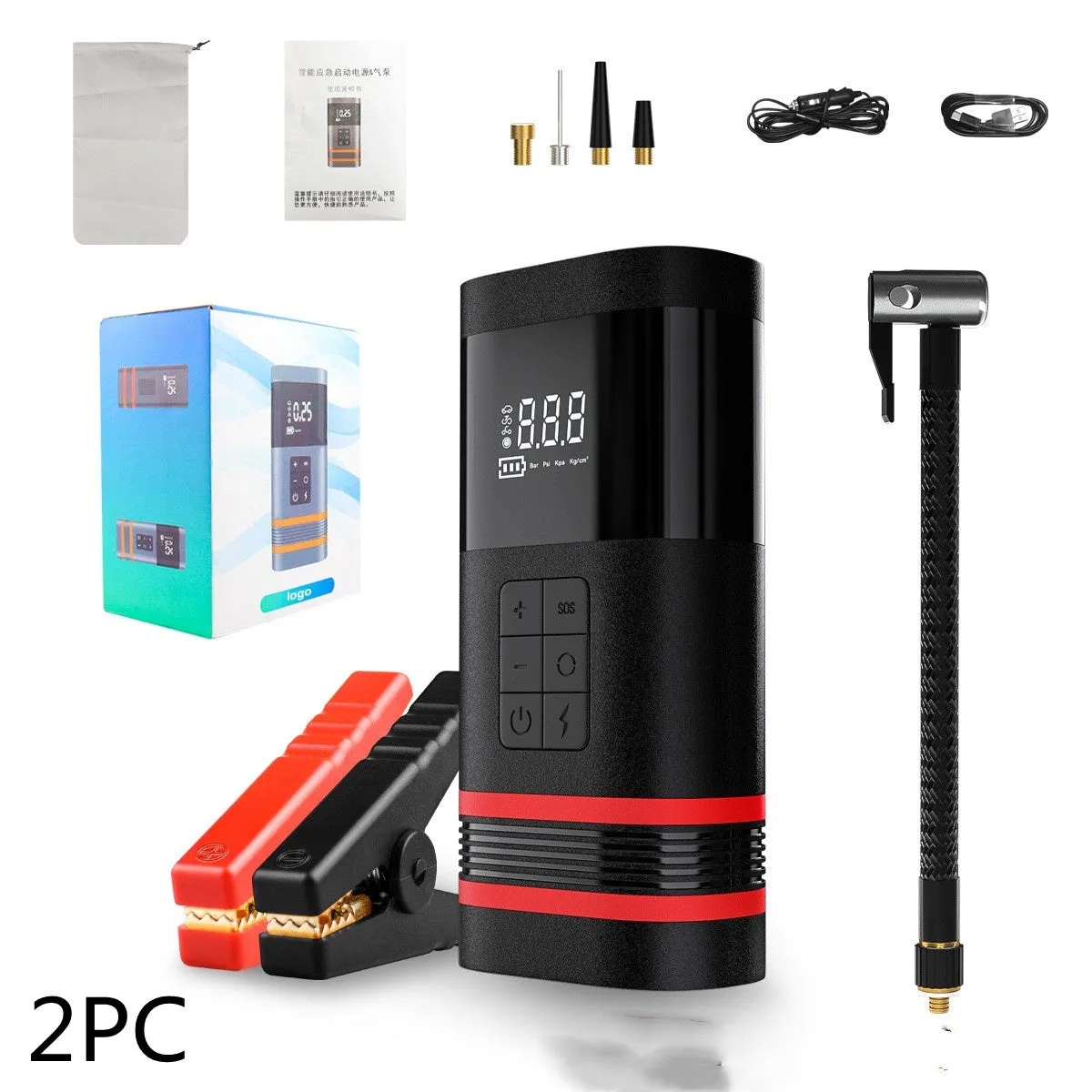 Black wireless car jump starter power bank with 100W output measuring 19.5cm long