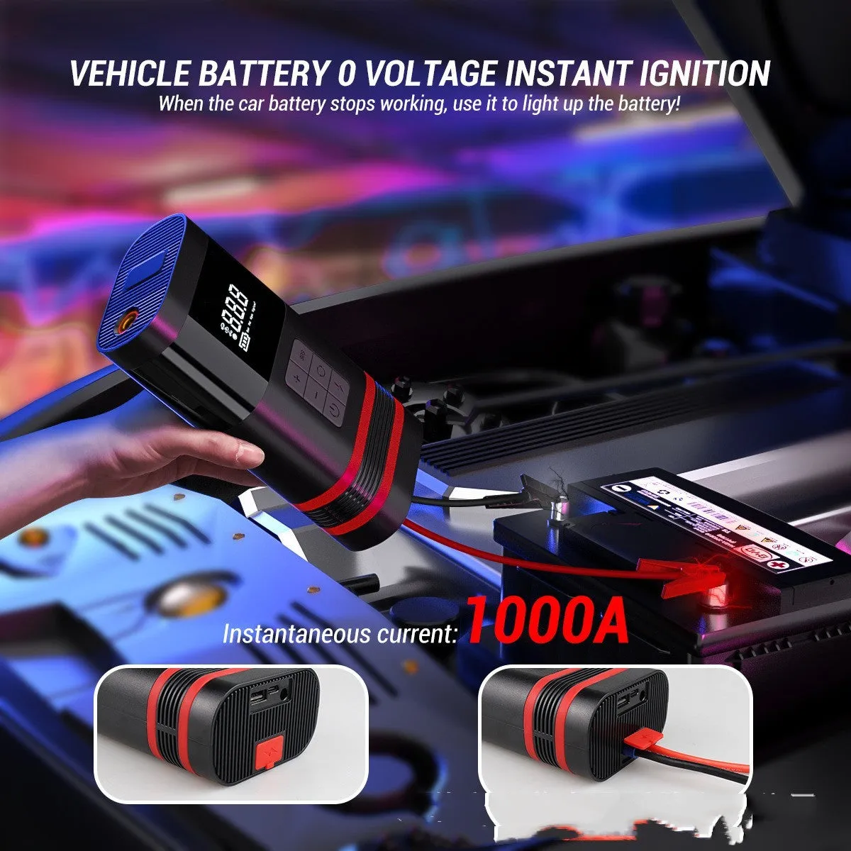 Black wireless car jump starter power bank with 100W output measuring 19.5cm long