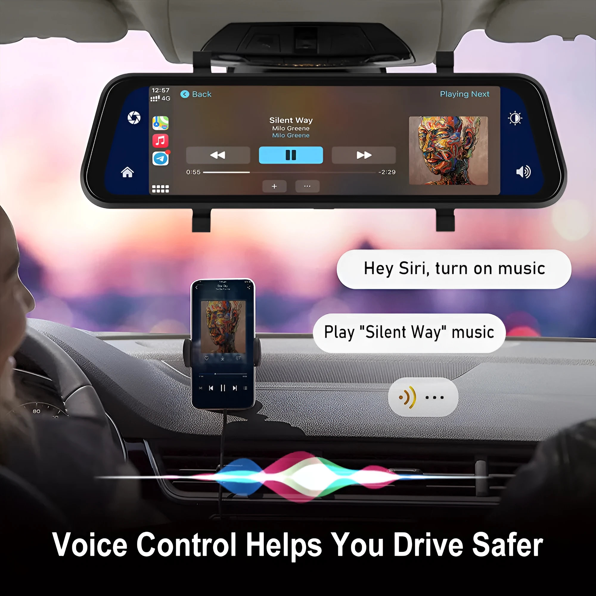 9.66-inch car dash cam and smart mirror with touch screen, CarPlay Android Auto support, and recording function
