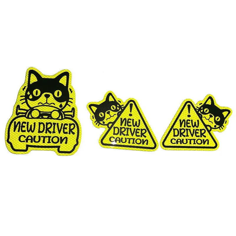 Set of three magnetic reflective safety stickers in animal shapes including cats and ducks for bike helmets and backpacks.
