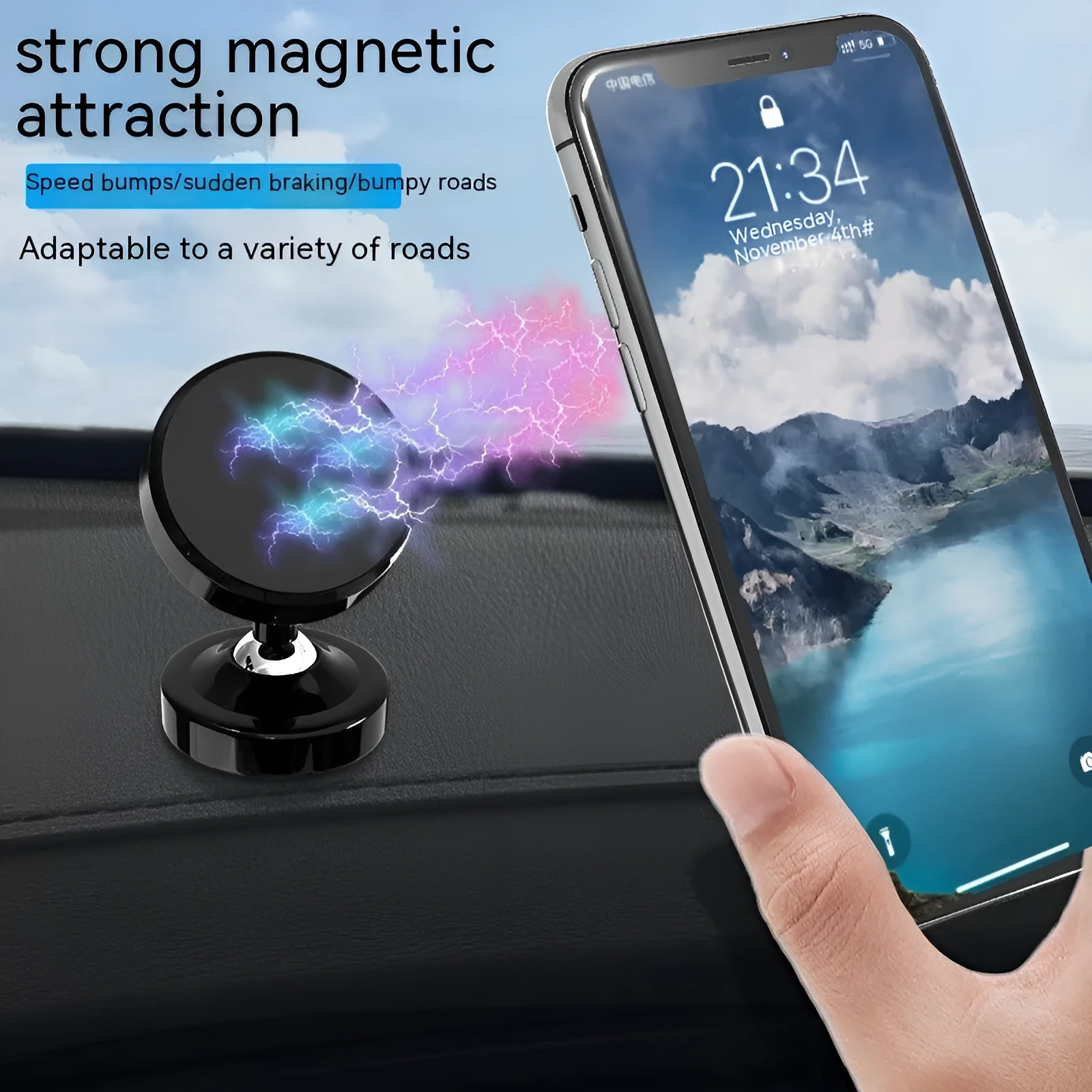 Zinc alloy magnetic car phone holder mounted on air vent with phone attached