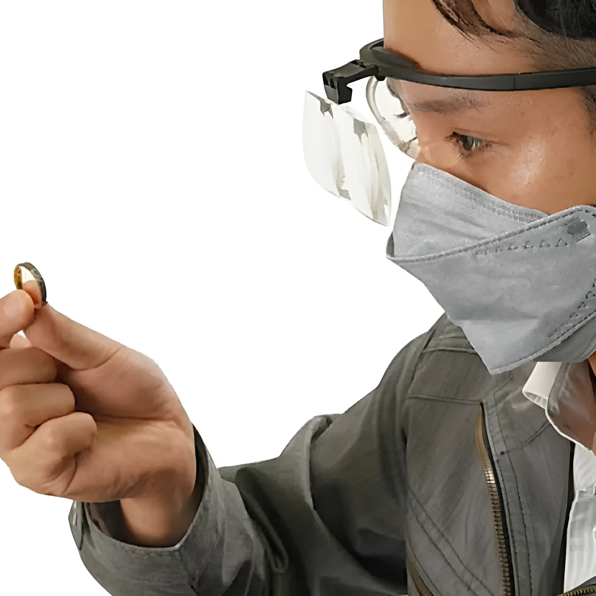 Head-mounted magnifying glass with large lenses on a black TR90 frame, shown with adjustable nose pad.