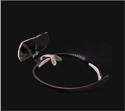 Head-mounted magnifying glass with large lenses on a black TR90 frame, shown with adjustable nose pad.