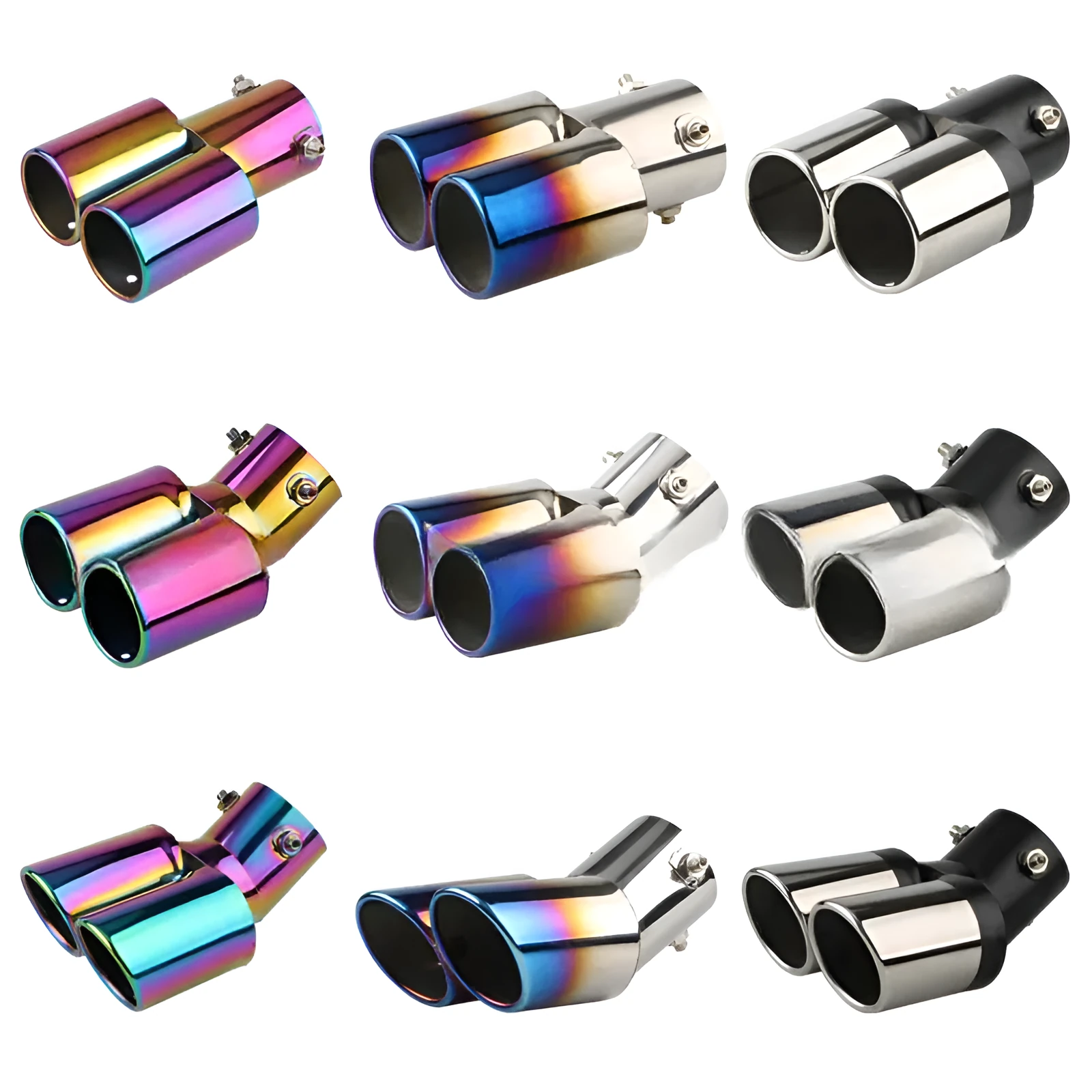 Universal stainless steel car exhaust tip with 145mm length showing different mouth style options.