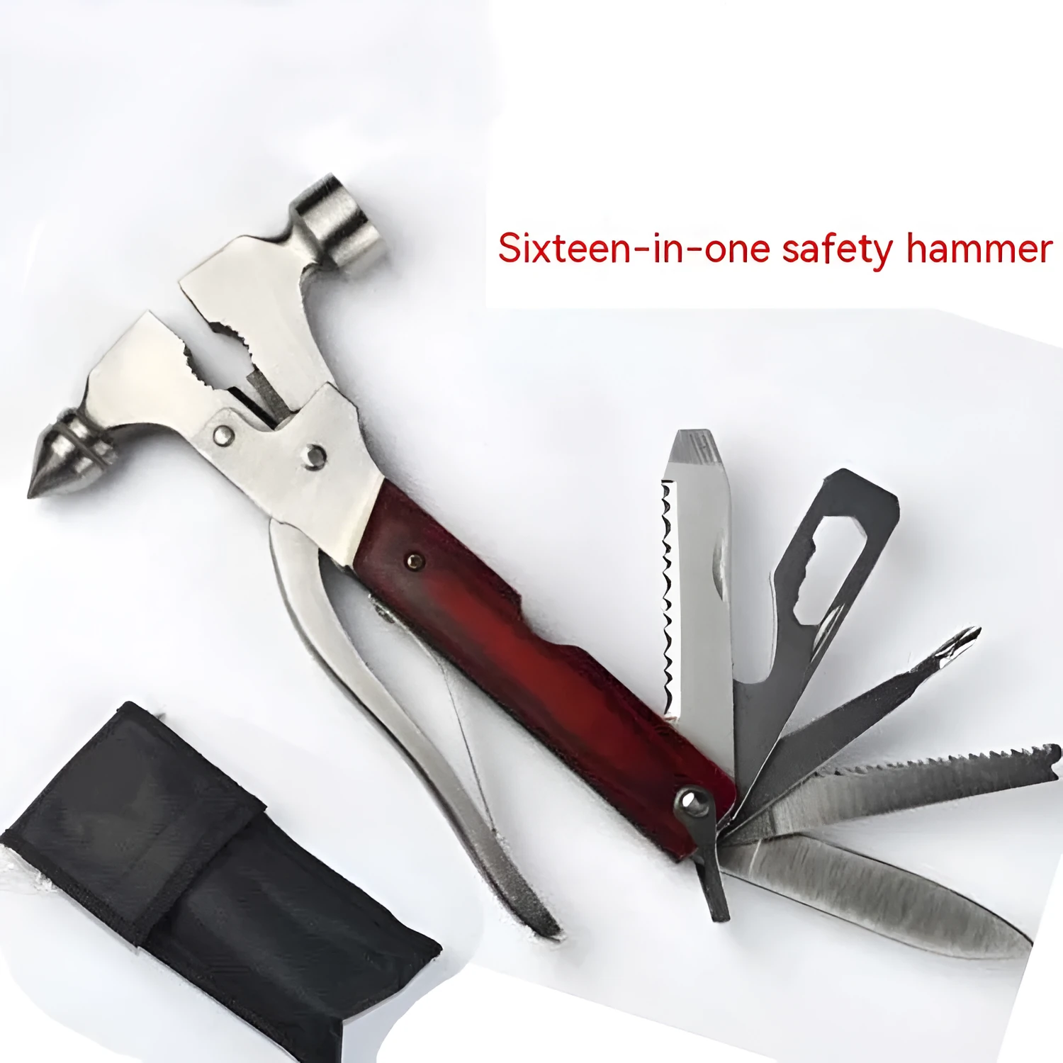 Solid steel 16-in-1 car safety emergency hammer with axe, claw, and cone heads, shown folded with Oxford fabric bag.