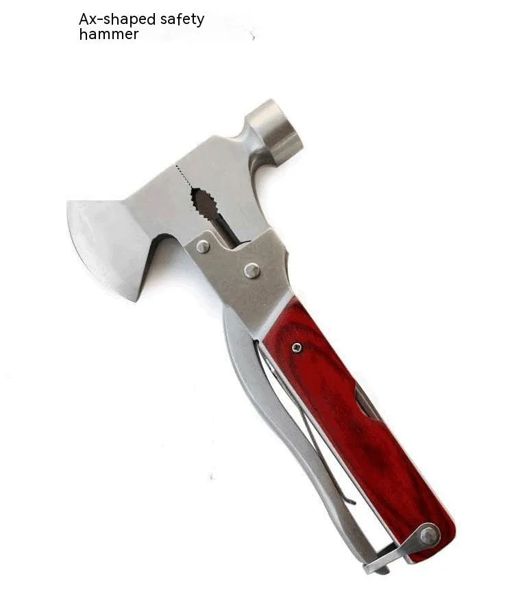Solid steel 16-in-1 car safety emergency hammer with axe, claw, and cone heads, shown folded with Oxford fabric bag.