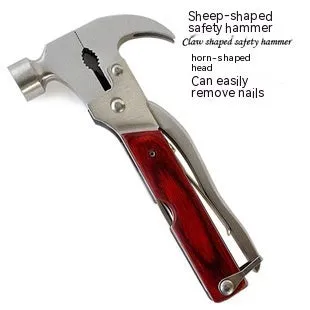 Solid steel 16-in-1 car safety emergency hammer with axe, claw, and cone heads, shown folded with Oxford fabric bag.