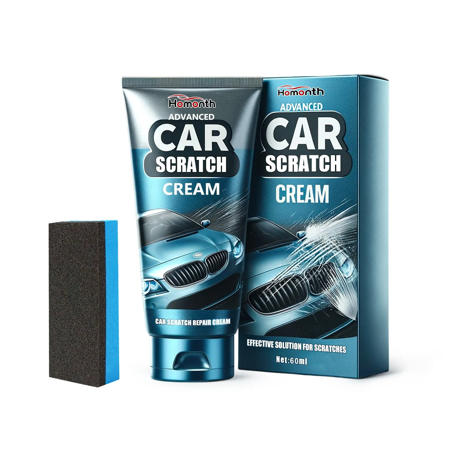 60ml tube of car scratch repair cream and separate applicator sponge for DIY paint touch-ups