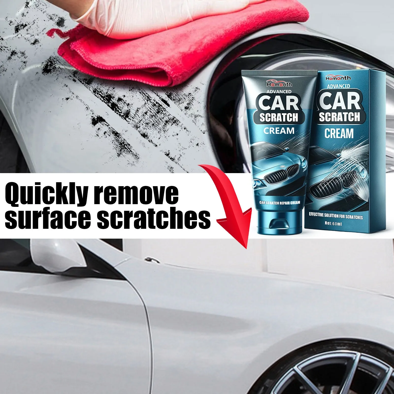 60ml tube of car scratch repair cream and separate applicator sponge for DIY paint touch-ups