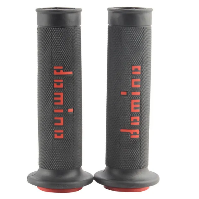 Pair of black motorcycle handle grips made of rubber gel material, showing non-slip texture.