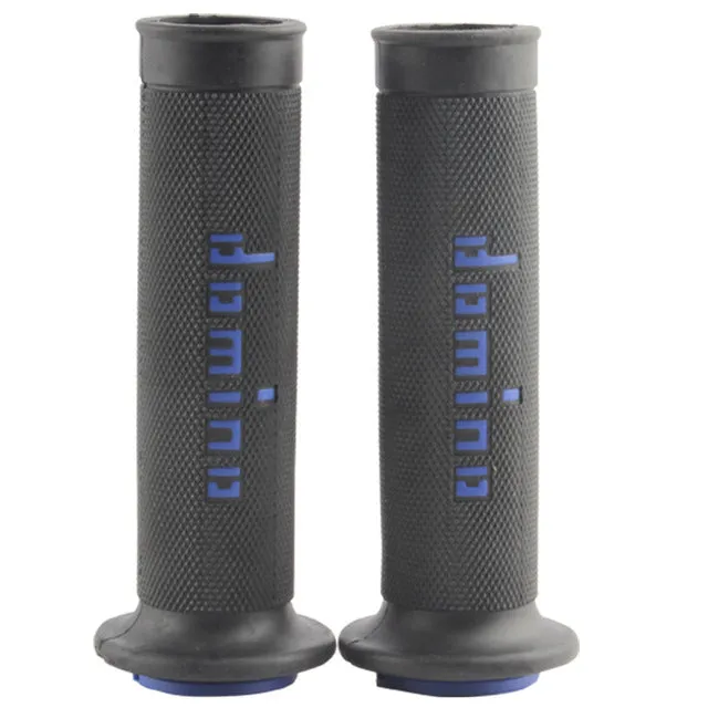 Pair of black motorcycle handle grips made of rubber gel material, showing non-slip texture.
