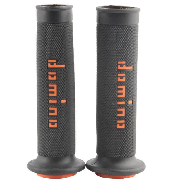 Pair of black motorcycle handle grips made of rubber gel material, showing non-slip texture.