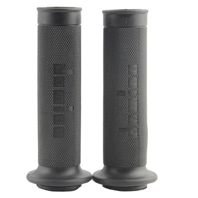 Pair of black motorcycle handle grips made of rubber gel material, showing non-slip texture.
