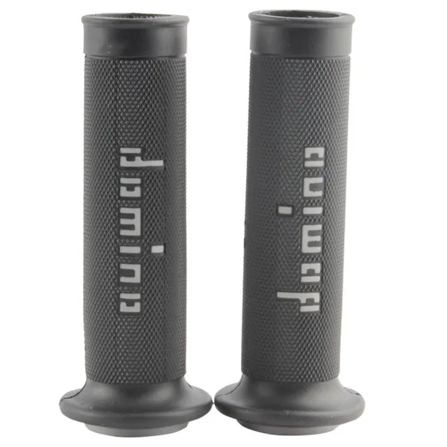 Pair of black motorcycle handle grips made of rubber gel material, showing non-slip texture.