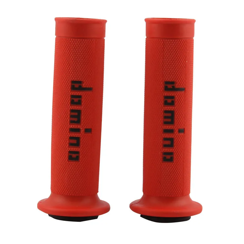 Pair of black motorcycle handle grips made of rubber gel material, showing non-slip texture.