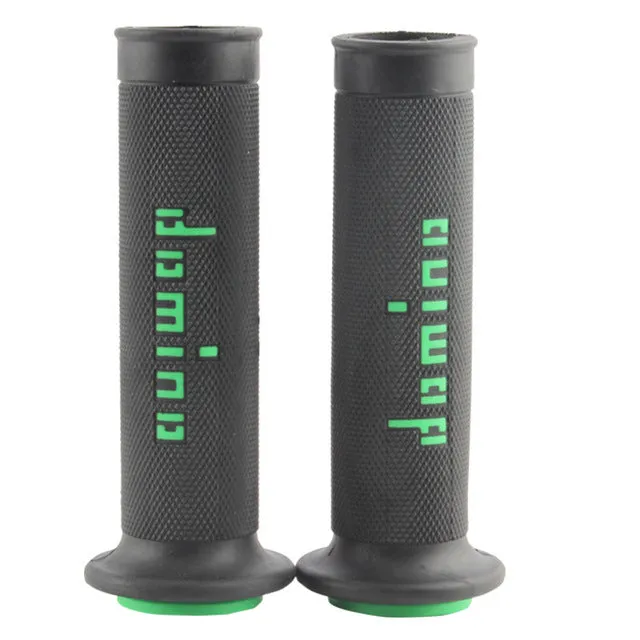 Pair of black motorcycle handle grips made of rubber gel material, showing non-slip texture.