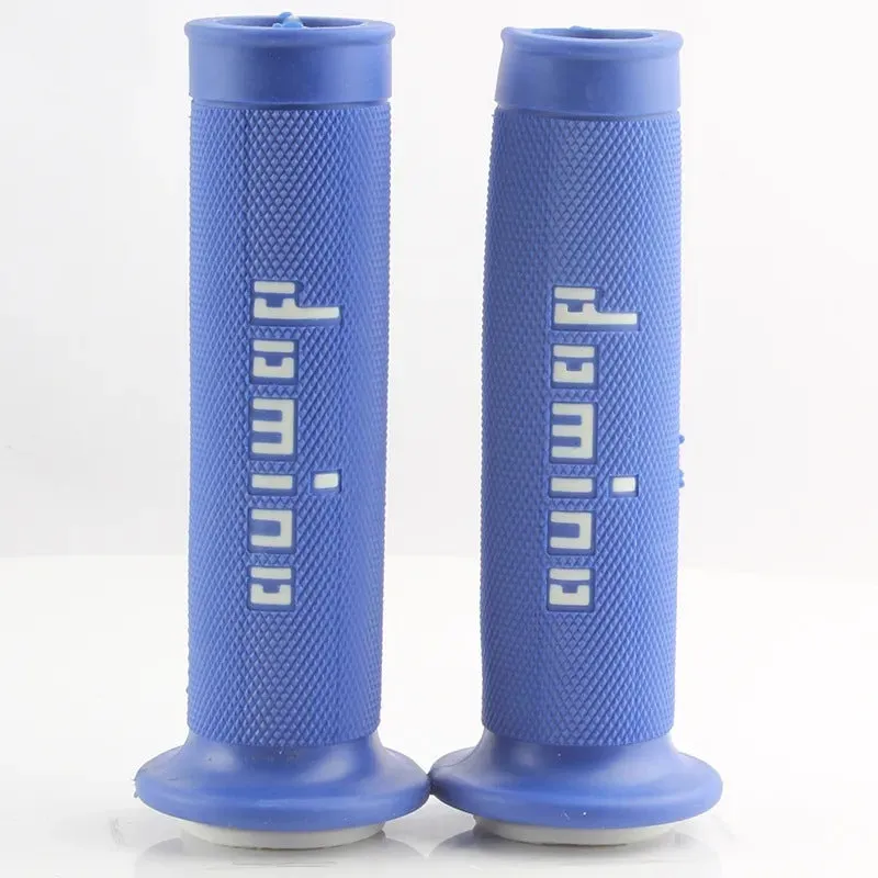 Pair of black motorcycle handle grips made of rubber gel material, showing non-slip texture.