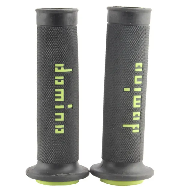 Pair of black motorcycle handle grips made of rubber gel material, showing non-slip texture.