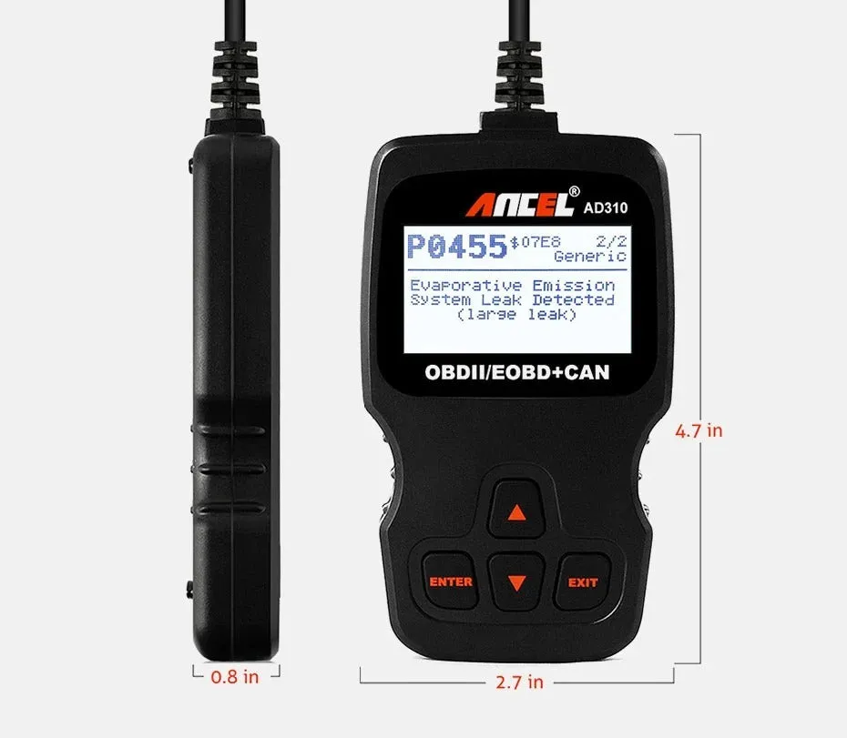 Black universal OBD2 car diagnostic scanner with LCD display for engine fault detection