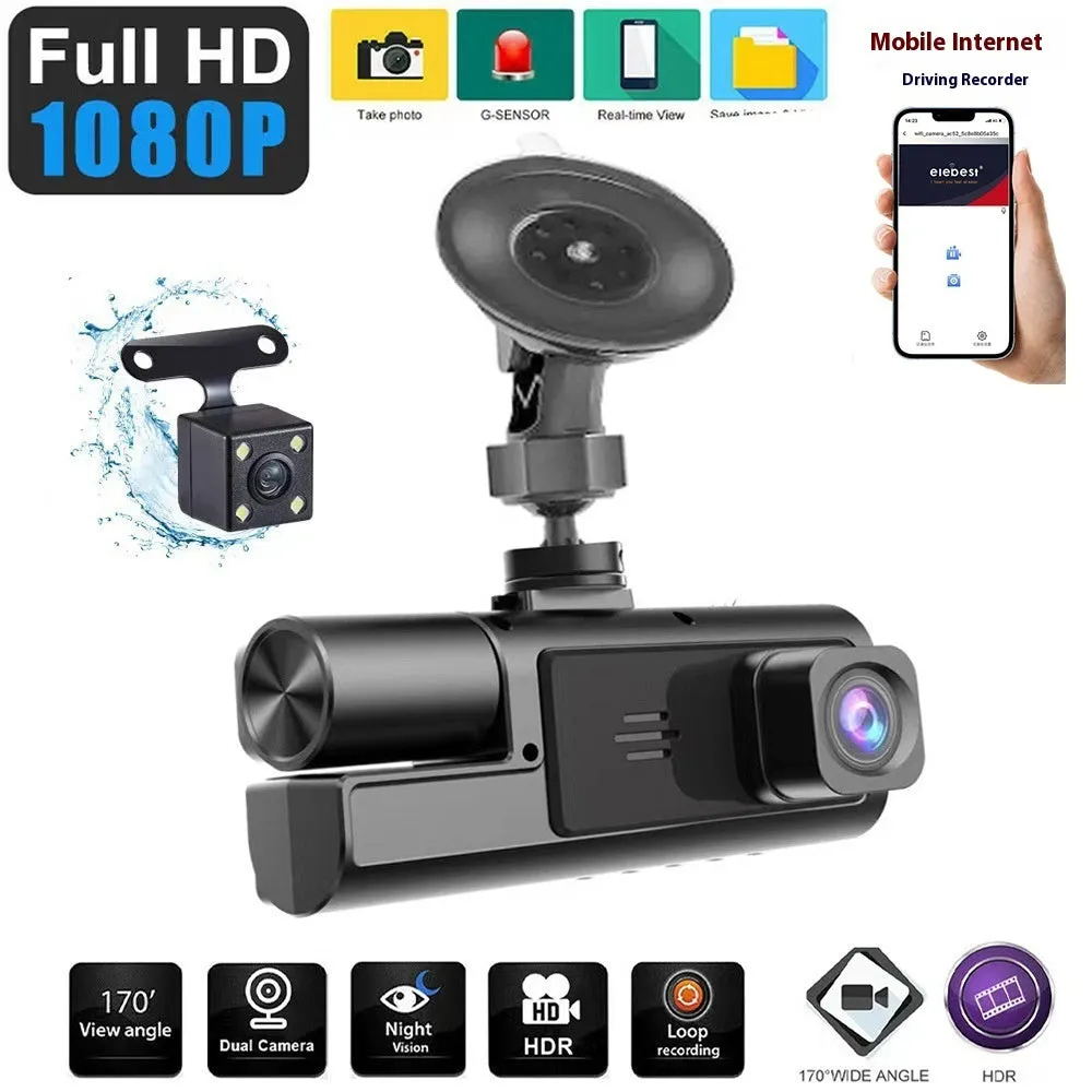 Dual-lens HD driving recorder with 3.5-inch LCD screen showing road footage