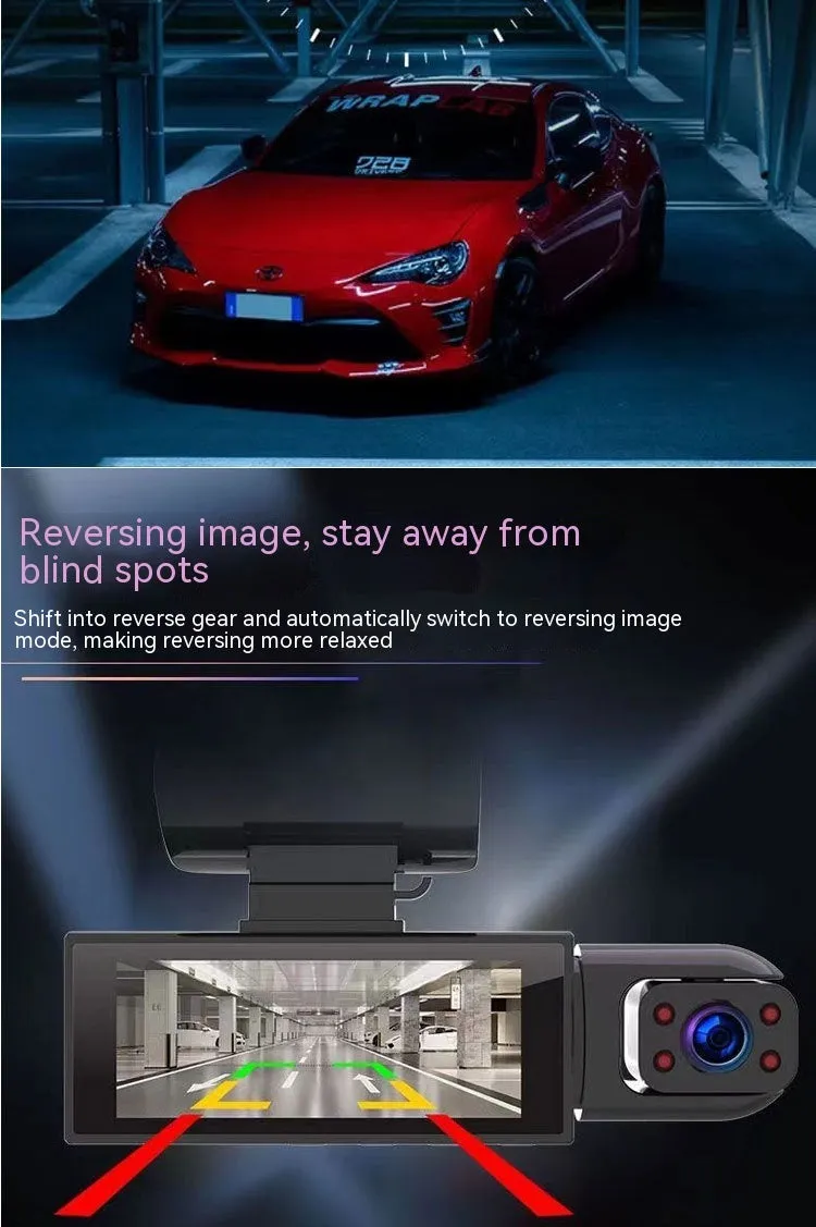 Dual-lens HD driving recorder with 3.5-inch LCD screen showing road footage