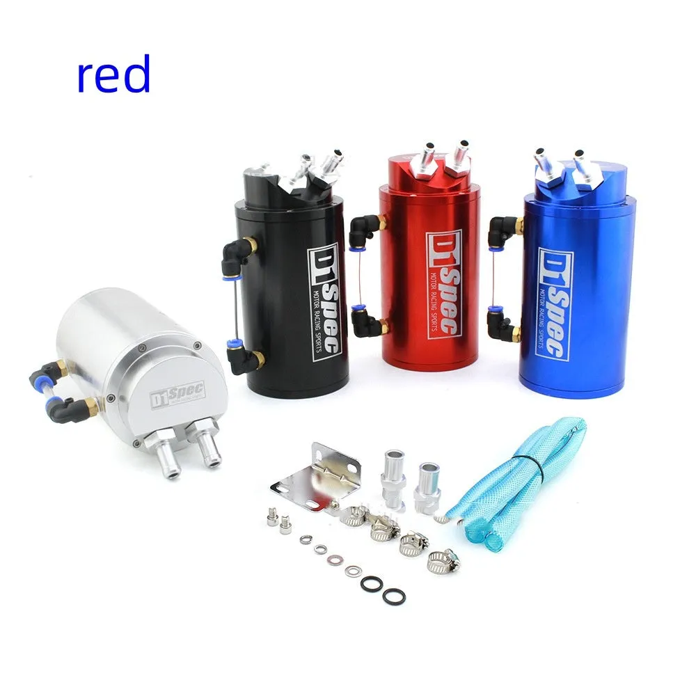 Oil catch tank for car modification shown in available colours: black, red, silver, blue, in round and square shapes.