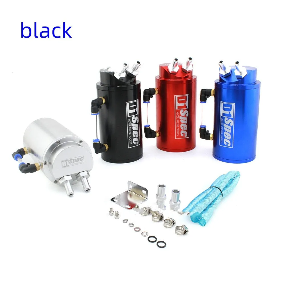 Oil catch tank for car modification shown in available colours: black, red, silver, blue, in round and square shapes.
