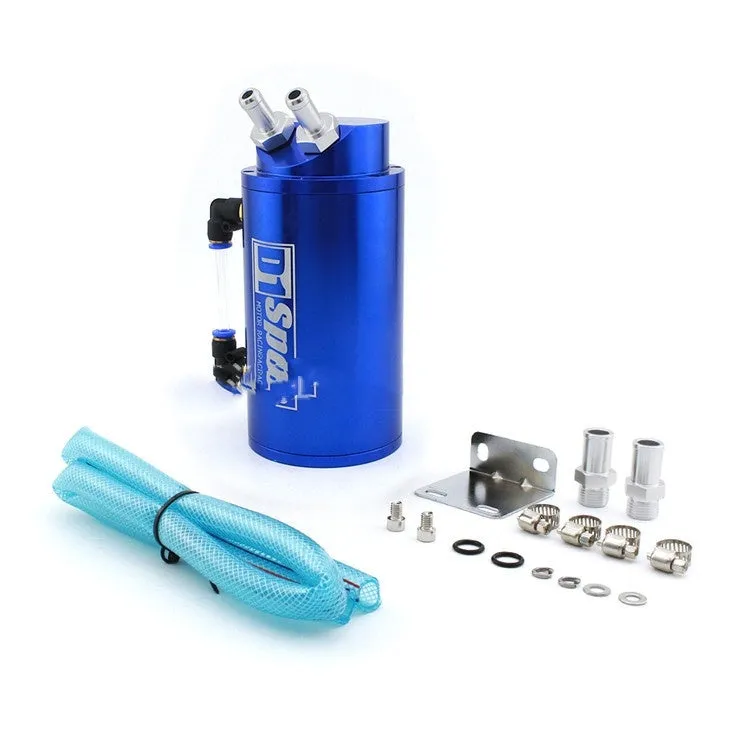 Oil catch tank for car modification shown in available colours: black, red, silver, blue, in round and square shapes.