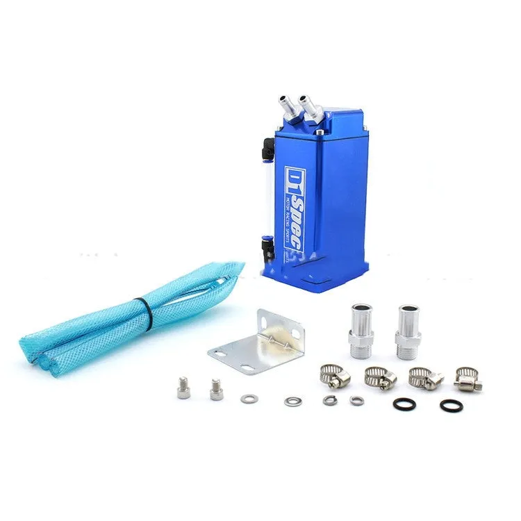 Oil catch tank for car modification shown in available colours: black, red, silver, blue, in round and square shapes.