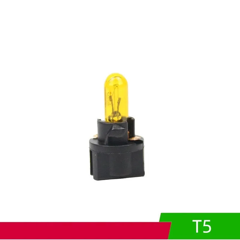 T5 12 volt 1.2 watt car dashboard indicator light bulb in red, blue, green, amber, yellow, and purple colours.