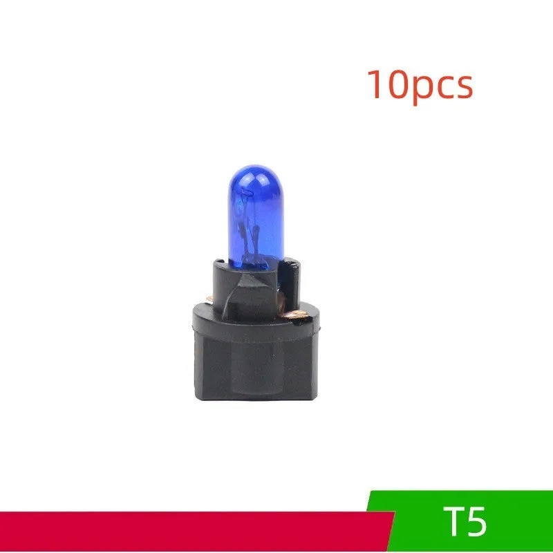 T5 12 volt 1.2 watt car dashboard indicator light bulb in red, blue, green, amber, yellow, and purple colours.