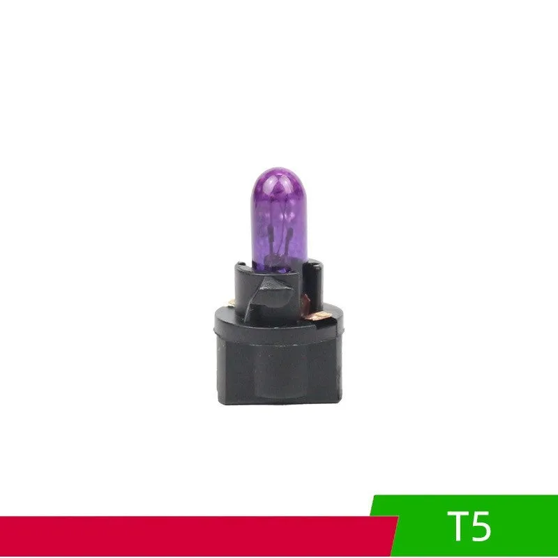 T5 12 volt 1.2 watt car dashboard indicator light bulb in red, blue, green, amber, yellow, and purple colours.